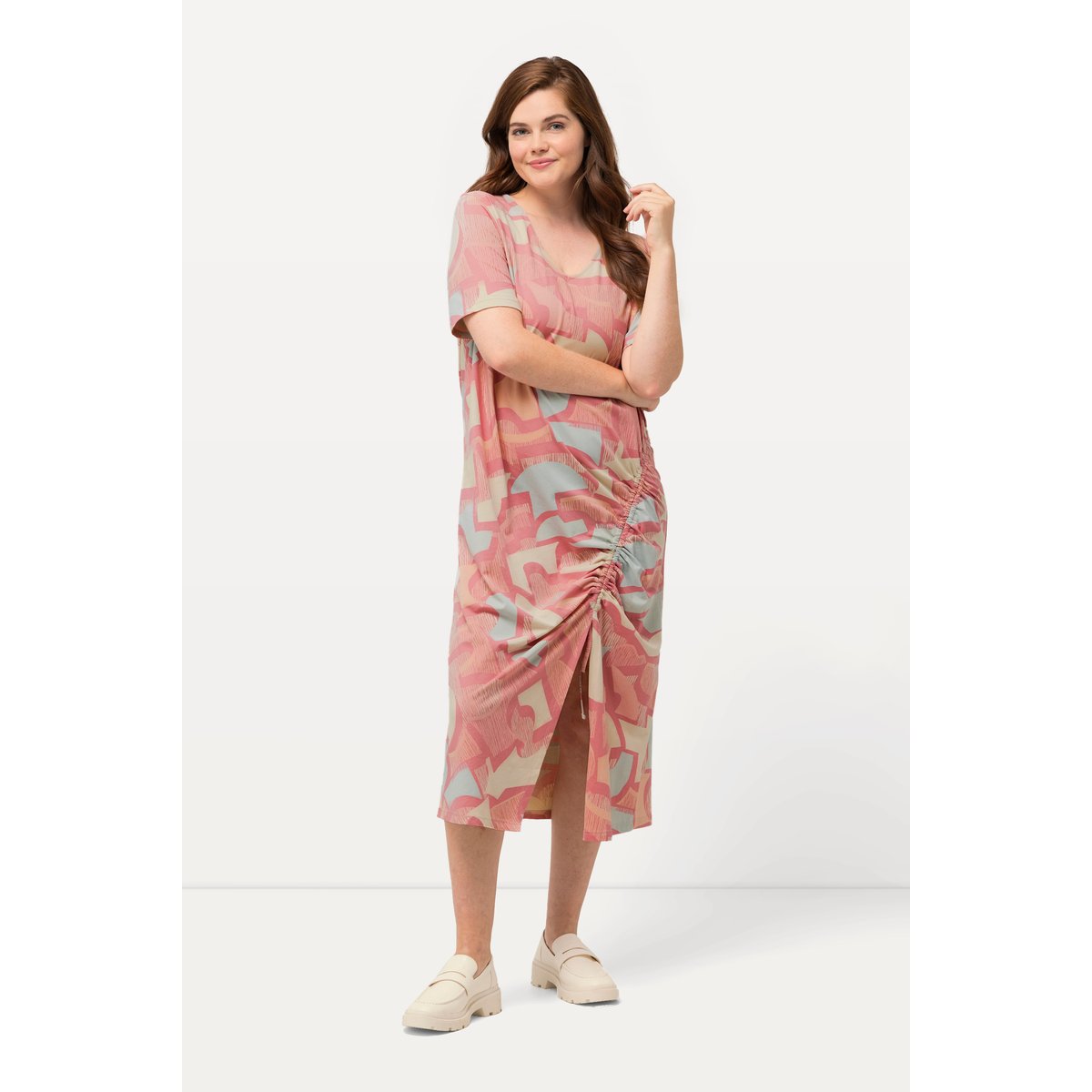Robe maxi, ruban à froncer, col V vieux rose tendre, ULLA POPKEN