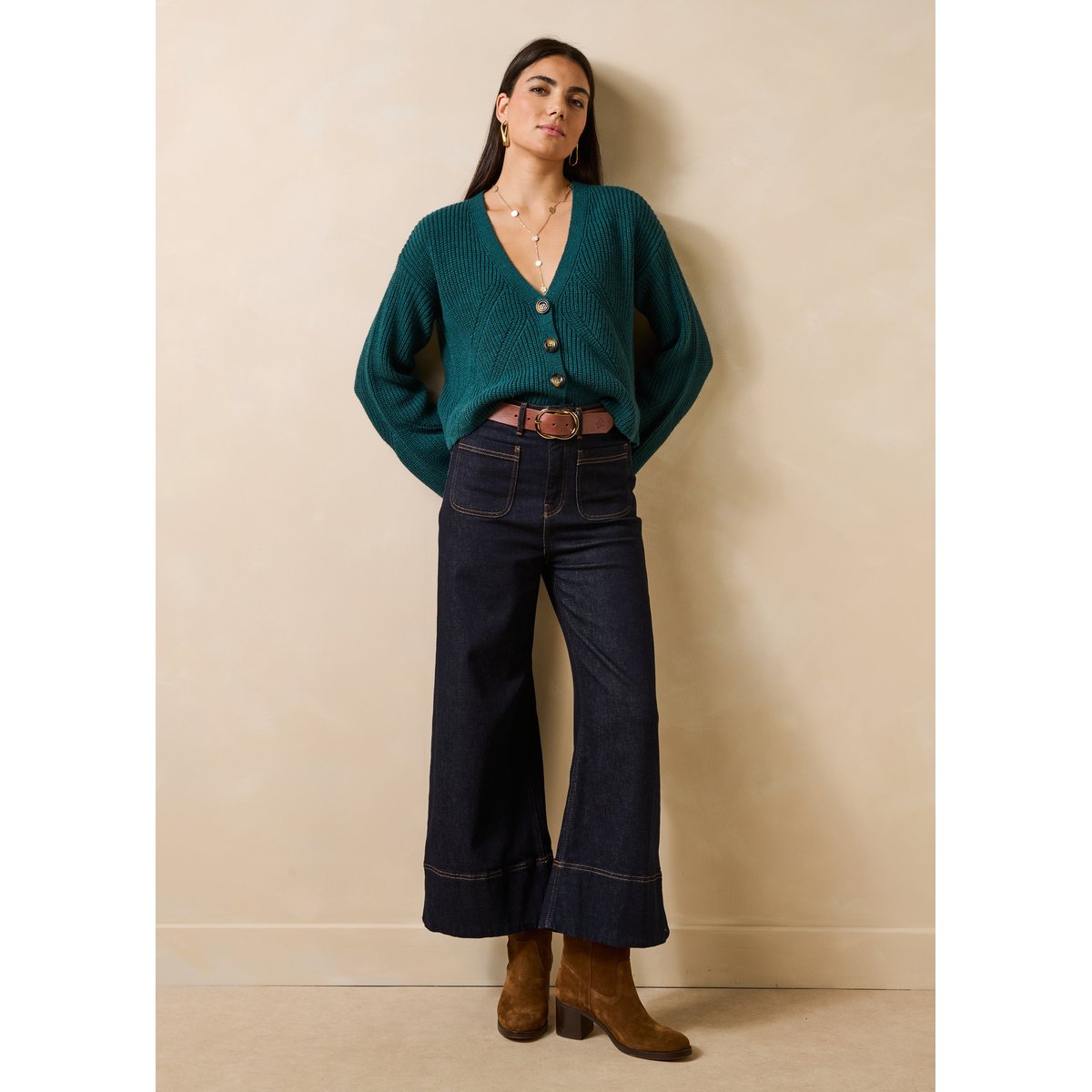 Gilet court manches longues col V petrole, LA FEE MARABOUTEE