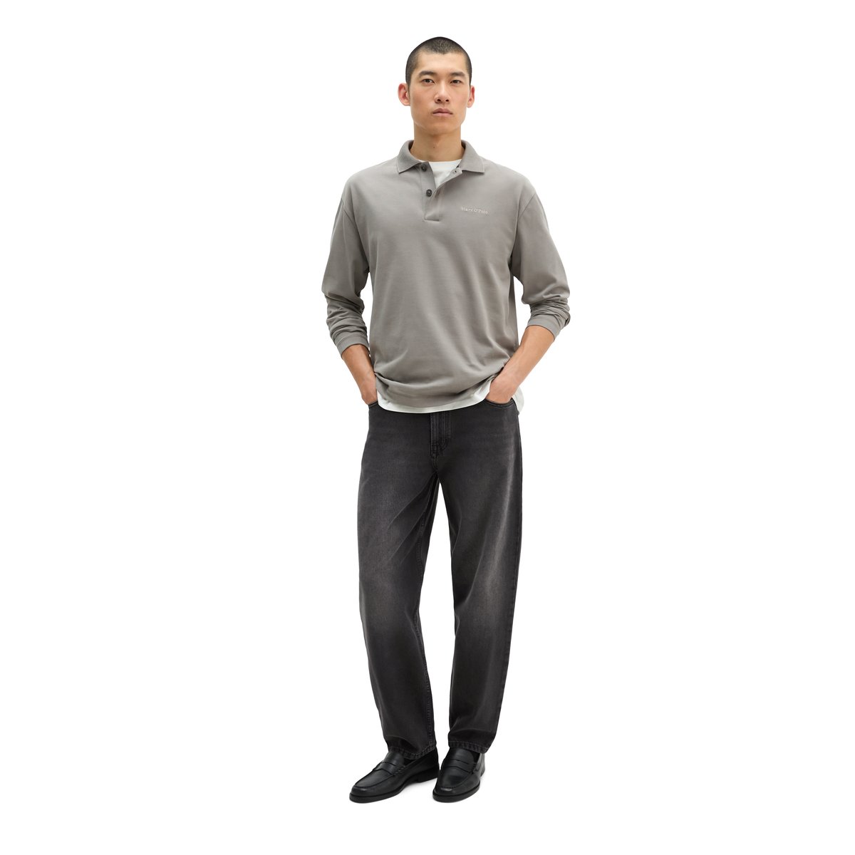 Polo à manches longues relaxed en jersey de coton bio épais gris, MARC O'POLO