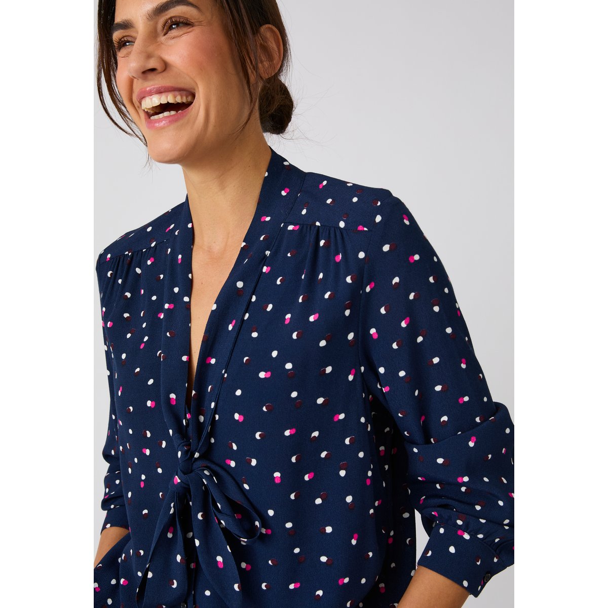 Chemisier lavallière imprimé pois bleu marine pois, DAMART