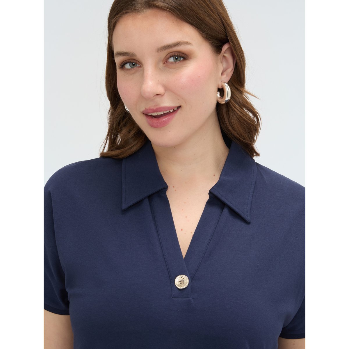 Robe avec col polo et bouton bijou bleu, FIORELLA RUBINO
