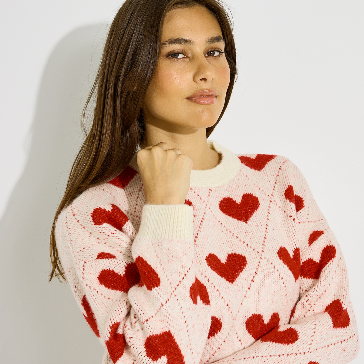 Pull col rond motif cœur orange rouge, GRAIN DE MALICE