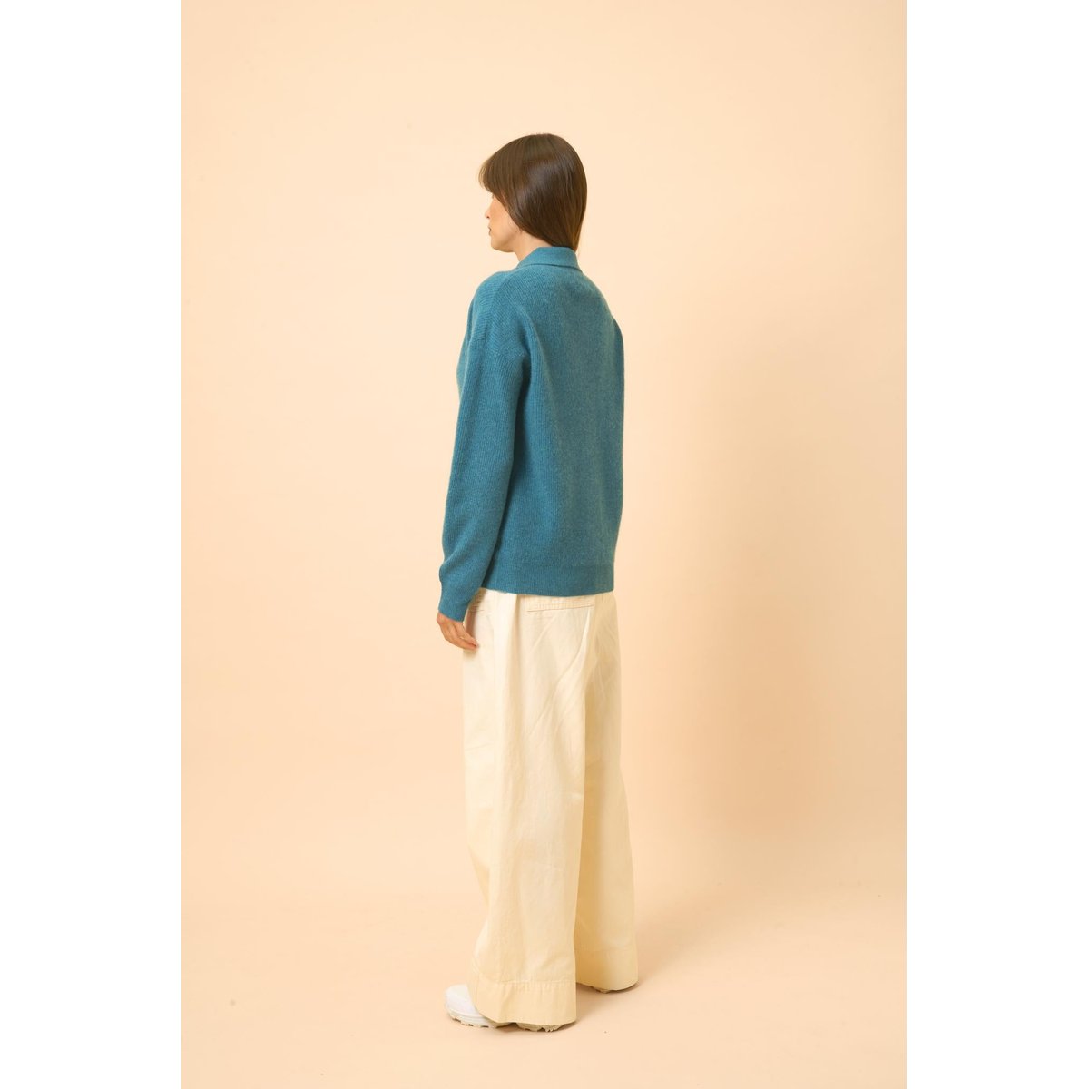 Polo Col V Croisé Manches Longues Canard Chiné Garcia bleu foncé, JUST CASHMERE