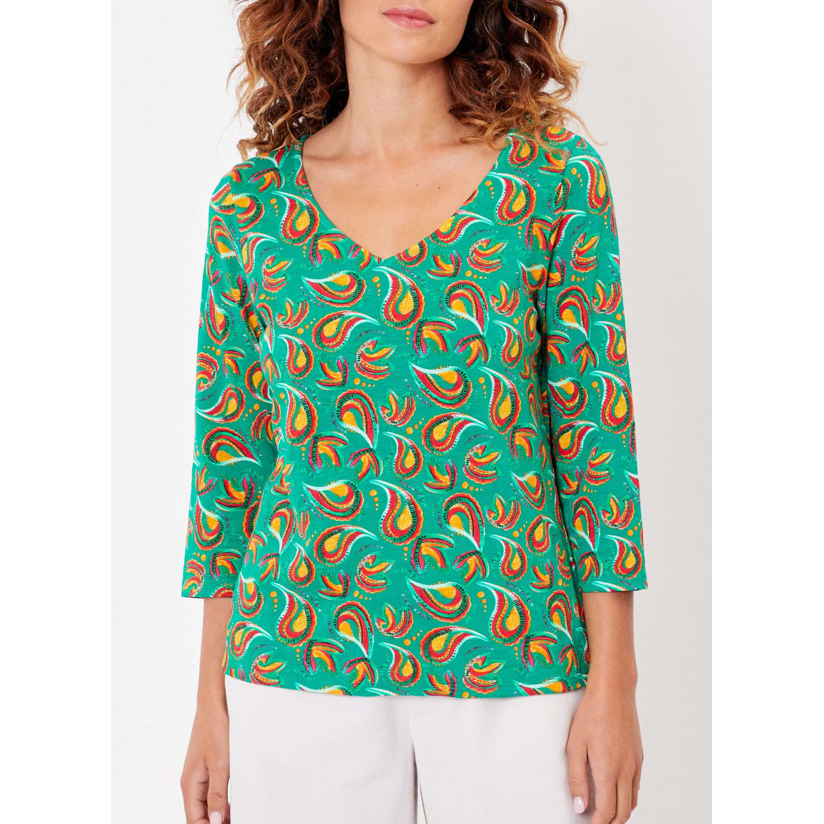 Tee-shirt coton flammé bio imprimé manches 3/4 GIANA vert nuria, LA FIANCÉE