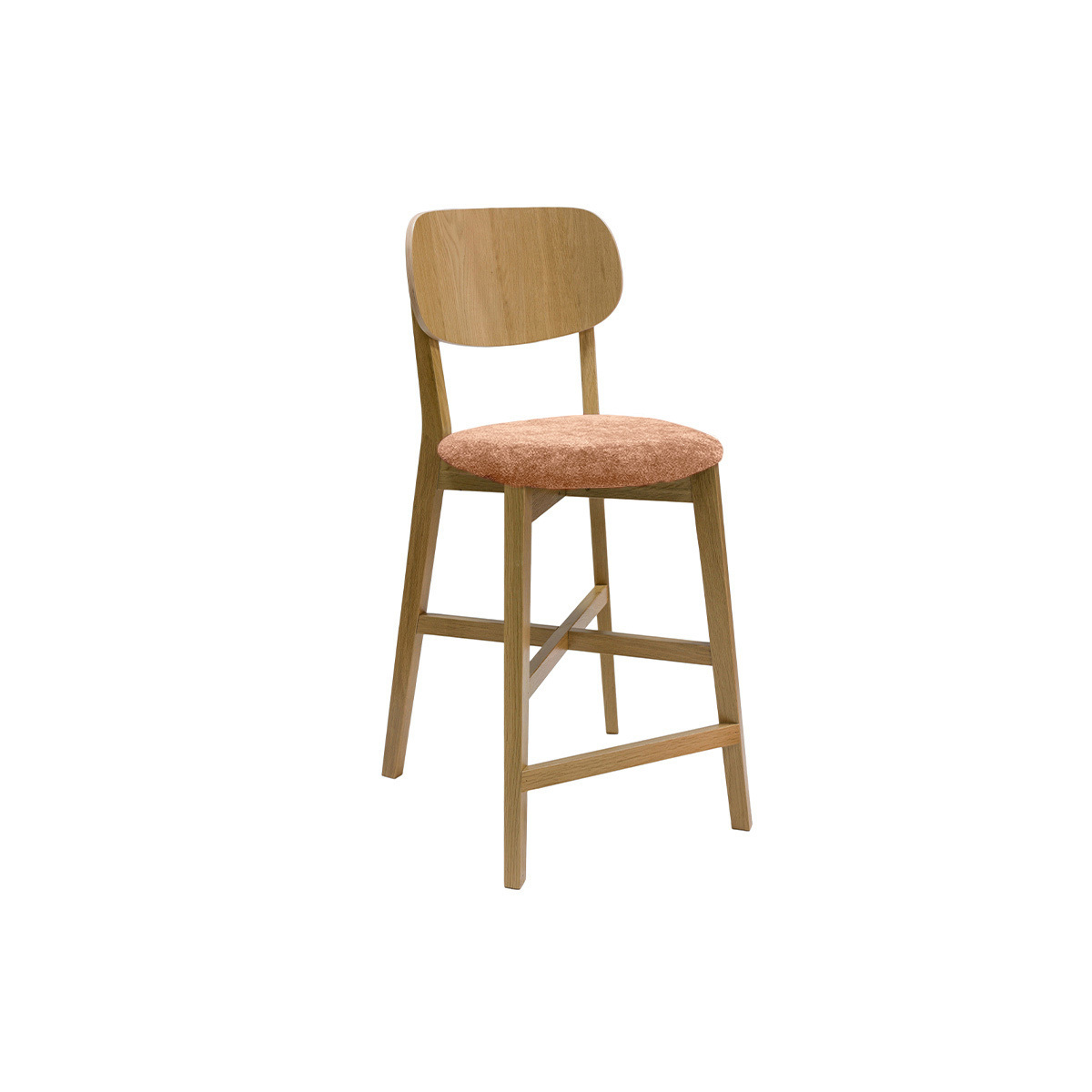 Tabouret de bar en bois clair chêne et tissu effet velours texturé vert kaki H65 cm LUCIA terra cotta, MILIBOO