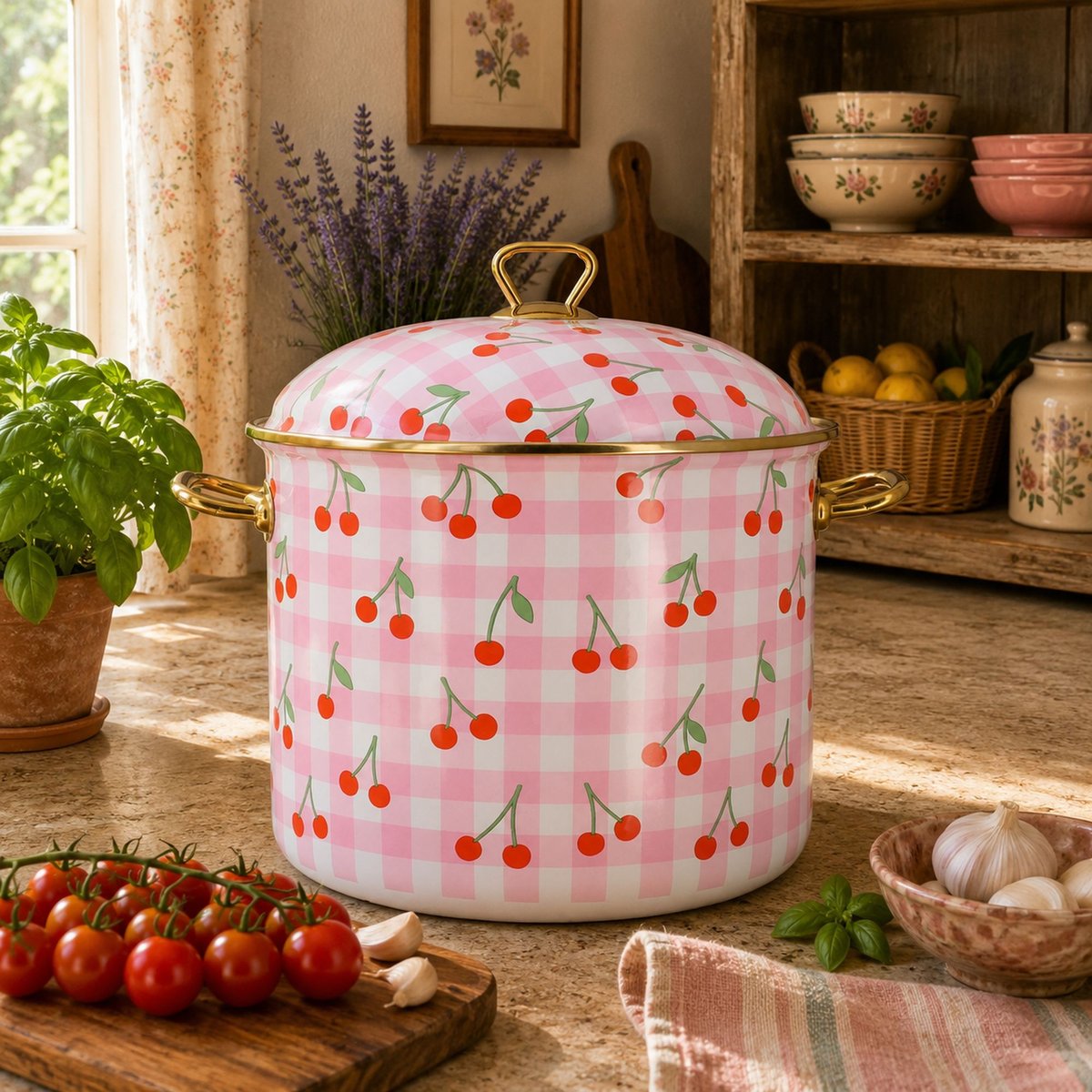 Marmite 24cm en acier émaillé, VICHY CERISE rose, MENASTYL