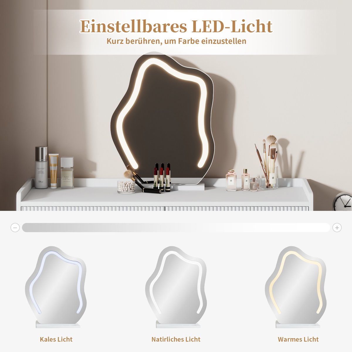 Coiffeuse table de maquillage avec 3 tiroirs et 1 porte, ULTRAF blanc, MEUBLES COSY