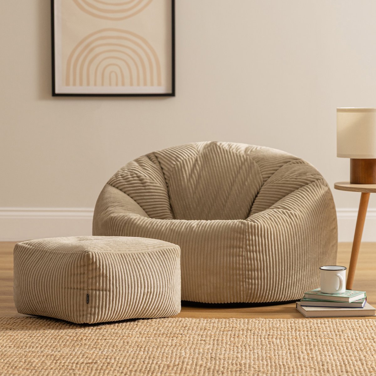 Pouf classique et son repose-pied carré velours côtelé Oeko-Tex® - KINGSTON beige galet, ICON