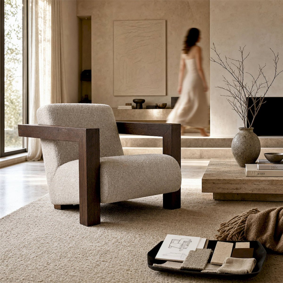 Fauteuil contemporain en bois massif crème et bois brun, RECOLLECTION