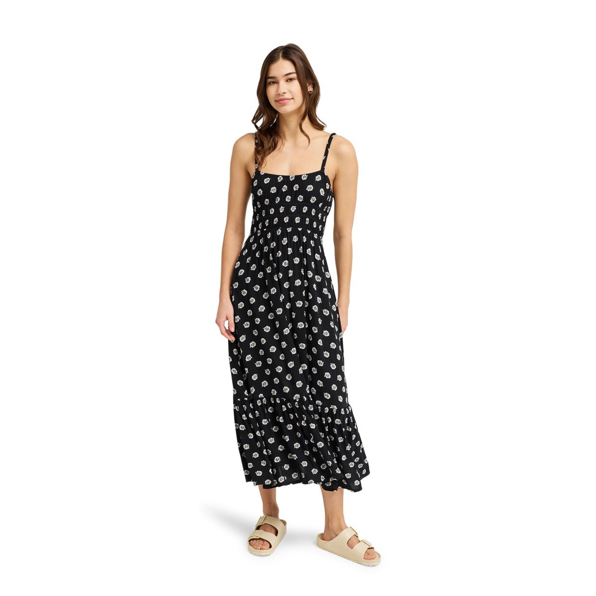 Robe à bretelles SUNRISE COASTLINE PRINTED. noir anthracite hibiscus dots, ROXY