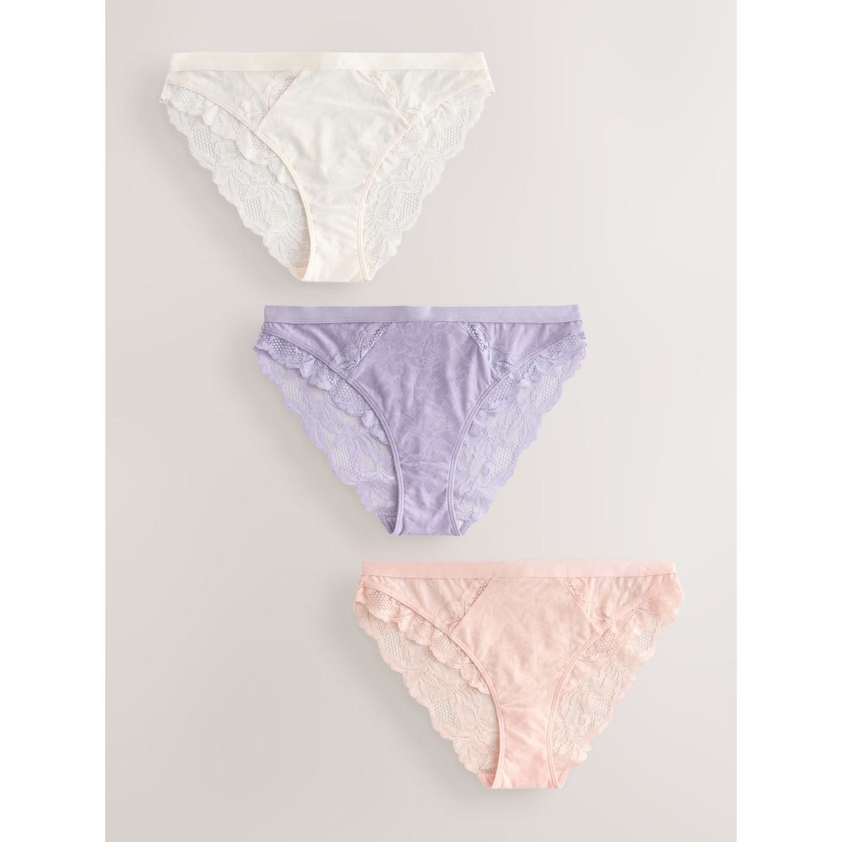 Culotte avec liseré en dentelle, lot de 3 crème/lilas/pêche, NEXT