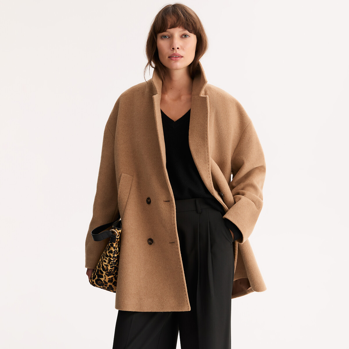 Manteau court, fermeture boutonnée, drap de laine camel, ANNE WEYBURN