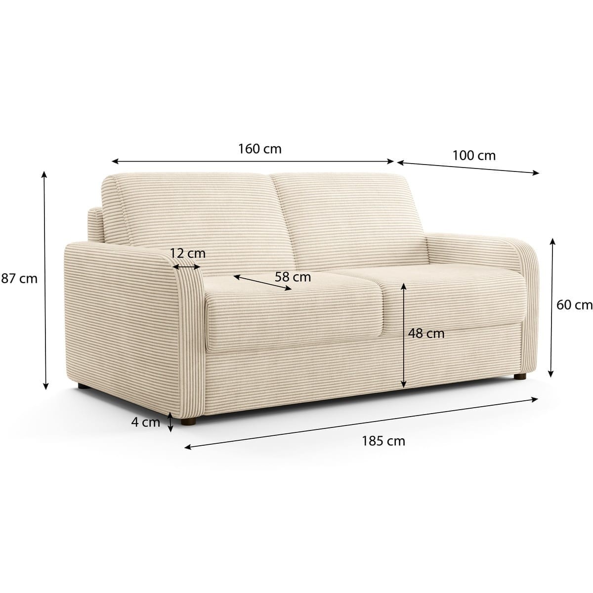 Canapé droit convertible 3 places en velours côtelé - ouverture express - LUMIO beige, HOMIFAB
