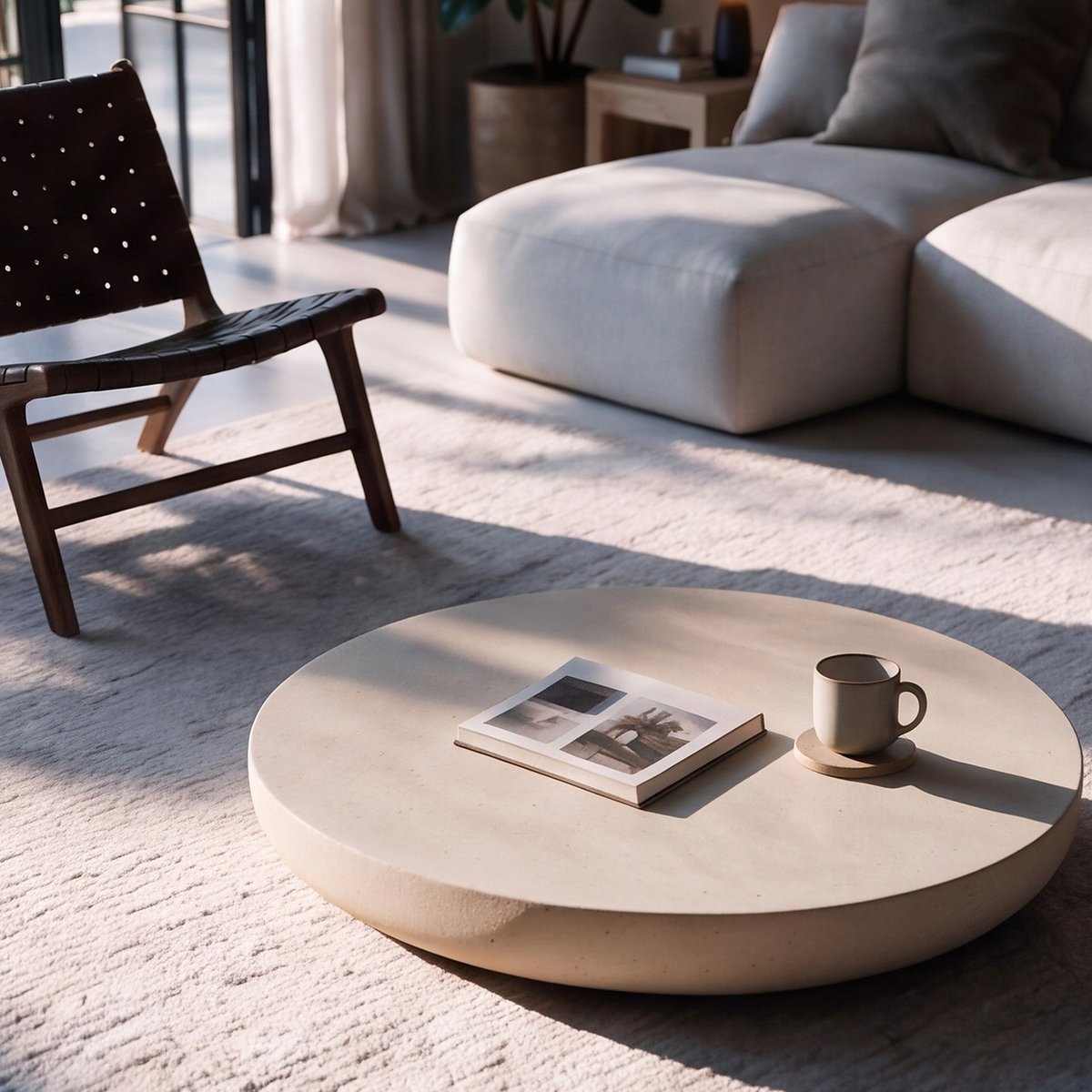 Table basse ronde en fibre d'argile effet béton D100 cm - MILOS beige, MAISON PAVANE
