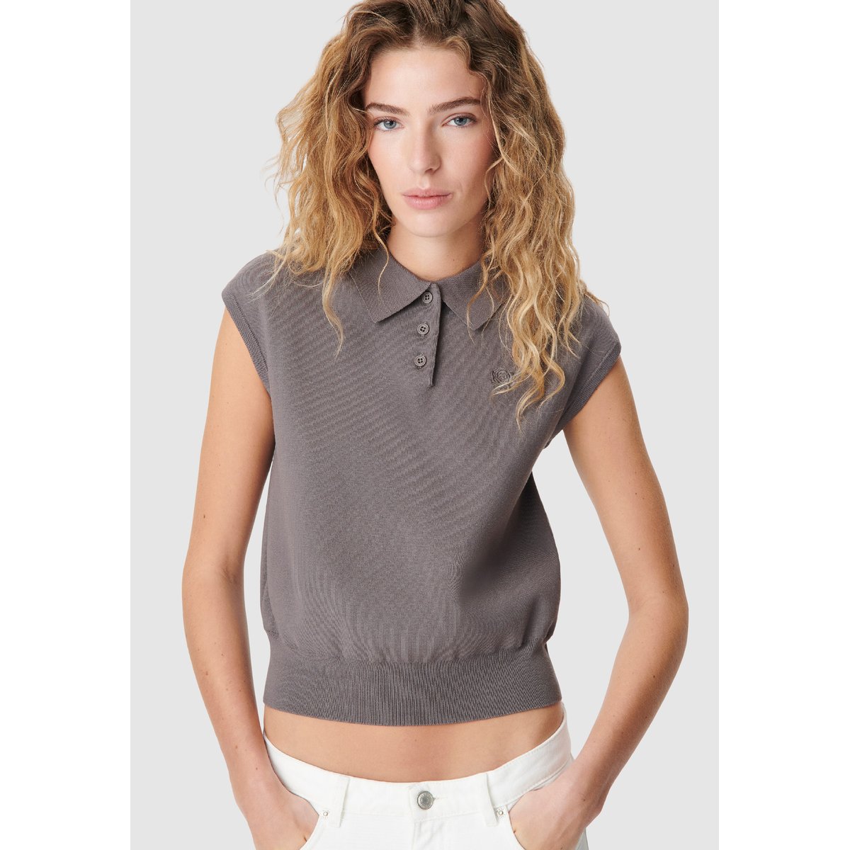 Pull col polo boutonné gris foncé, IKKS