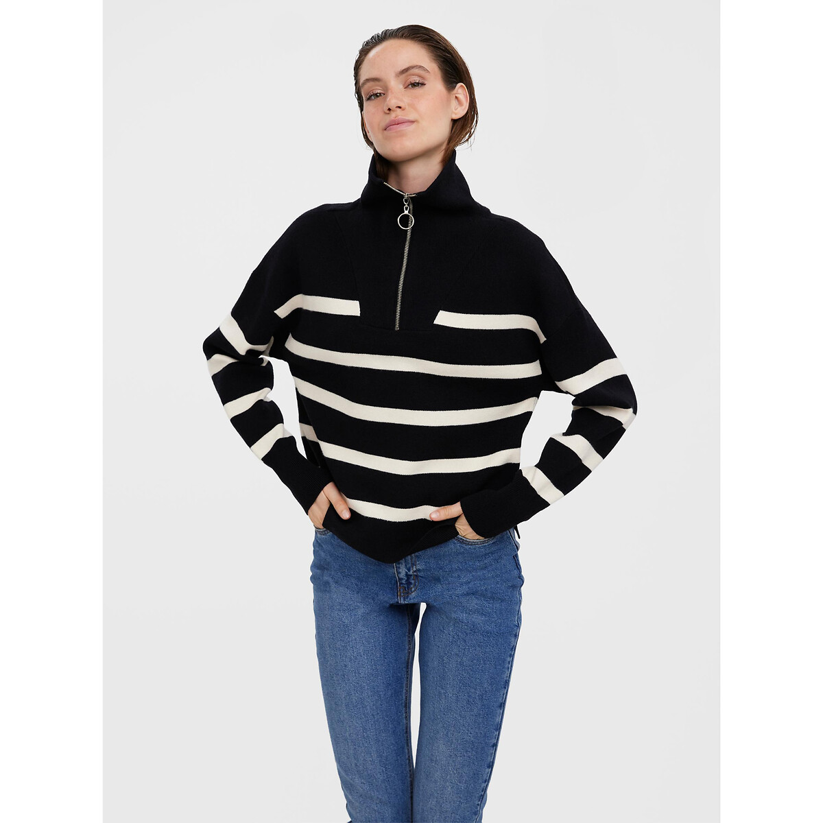Pull col camionneur à rayures noir rayé, VERO MODA