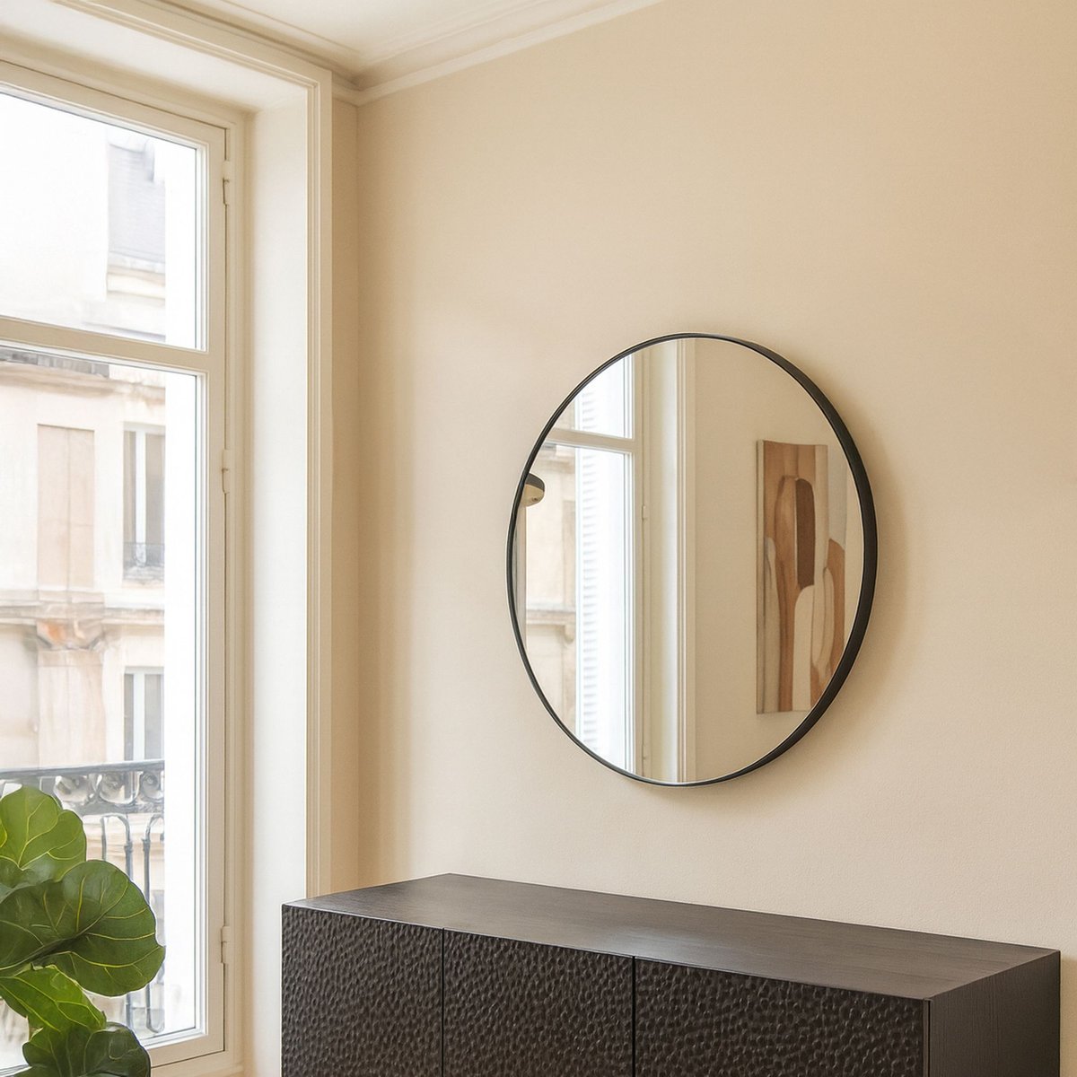 Miroir rond loft avec contour en étain noir, NOW'S HOME