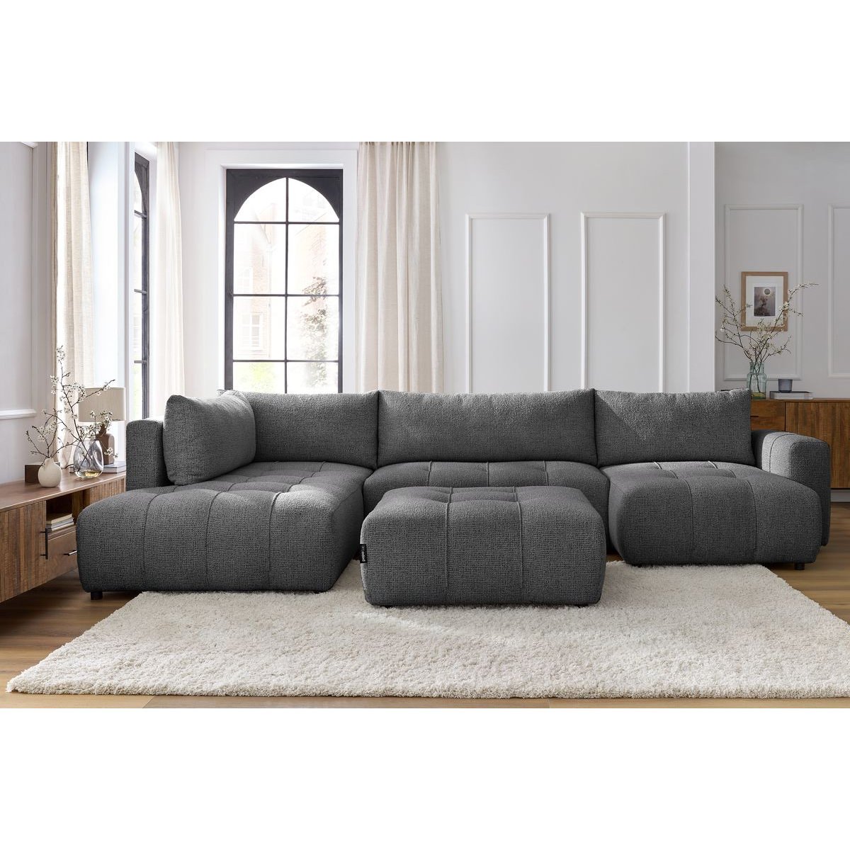 Canapé panoramique convertible 6 places en tissu chiné avec pouf, ARSENE gris foncé, BOBOCHIC