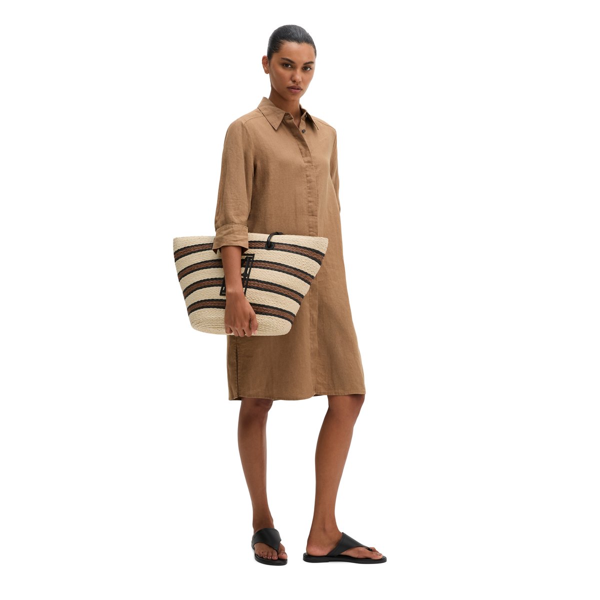 Shopper en raphia large avec détails élégants en cuir véritable marron clair, MARC O'POLO