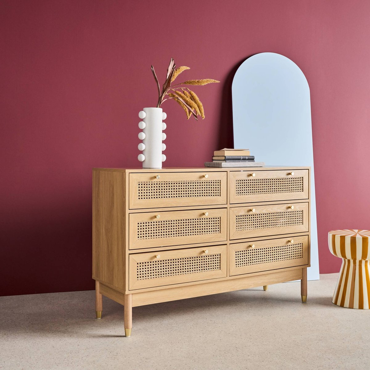 Commode décor bois et cannage 6 tiroirs JUDITH naturel, SWEEEK