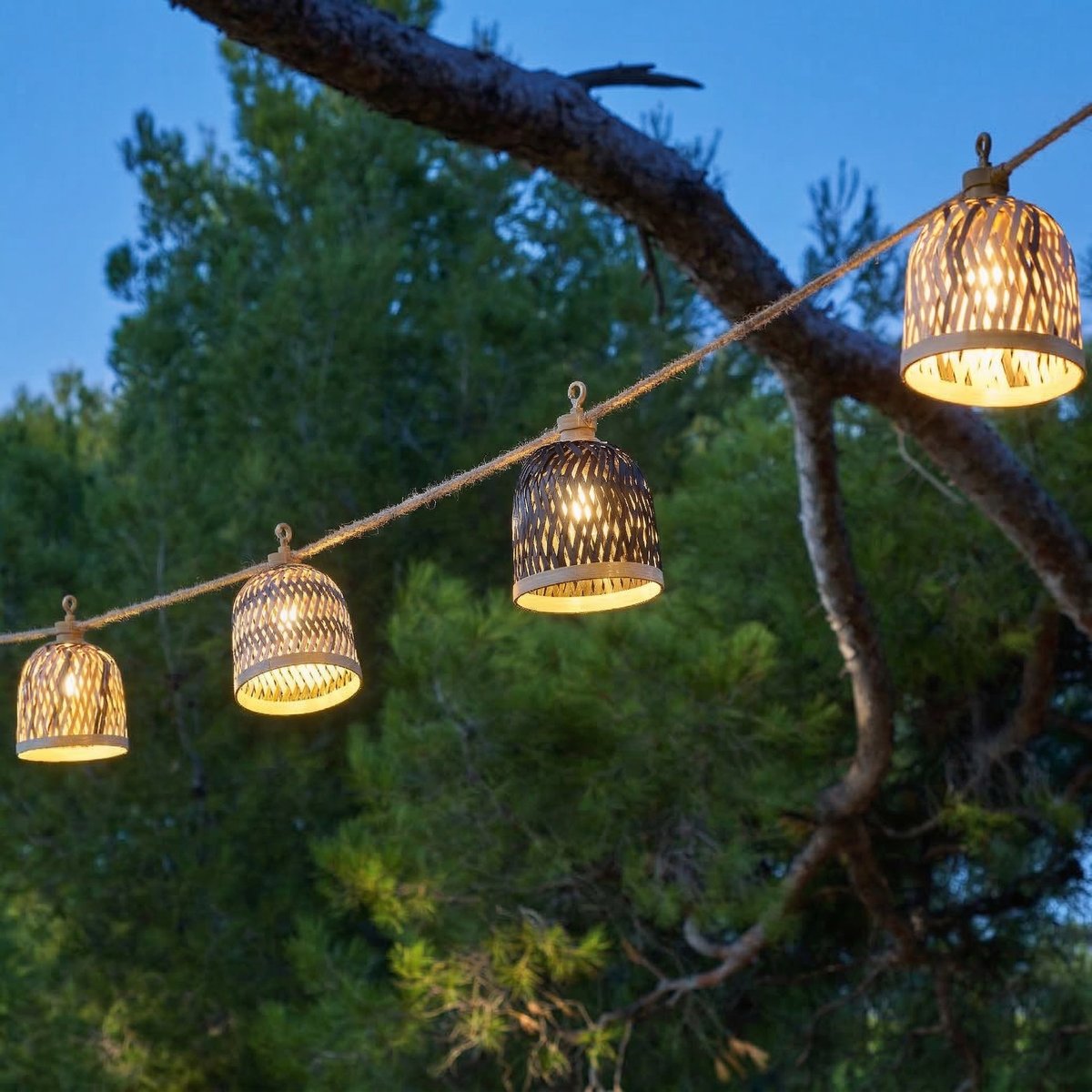 Guirlande lumineuse extérieur raccordable 10 abat-jour naturels en bambou LINA LIGHT HYBRID LED blanc chaud 8m solaire et sur secteur beige, LUMISKY