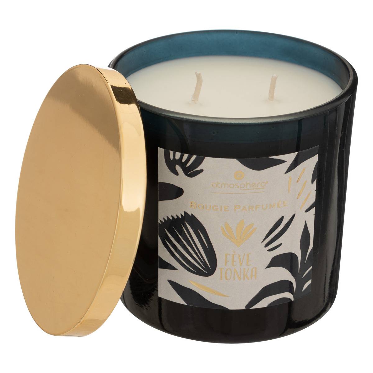 Bougie parfumée pot en verre imprimé à couvercle métal PLUM rouge, ATMOSPHERA