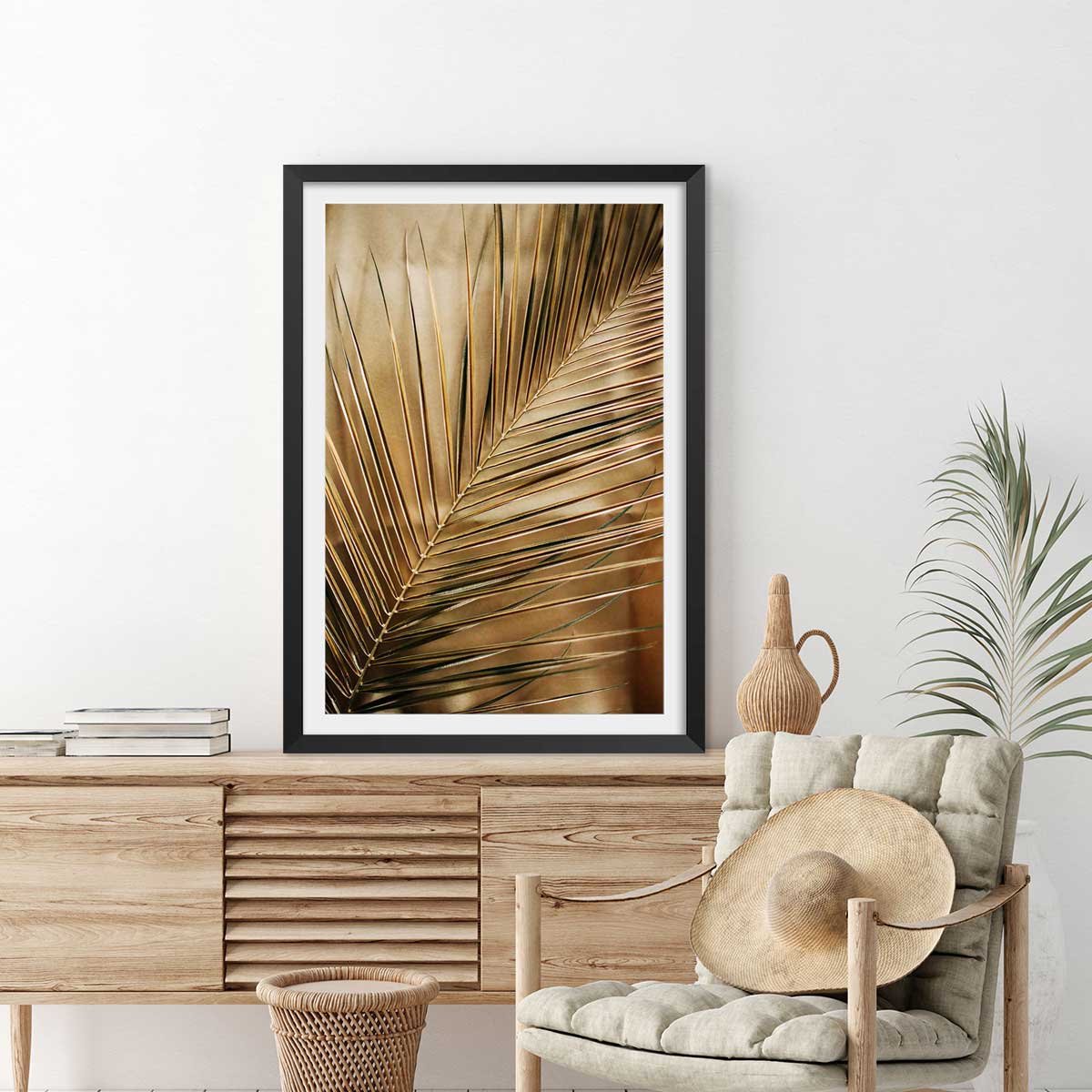 Affiche déco golden palm affiche + cadre en bois - noir, HEXOA