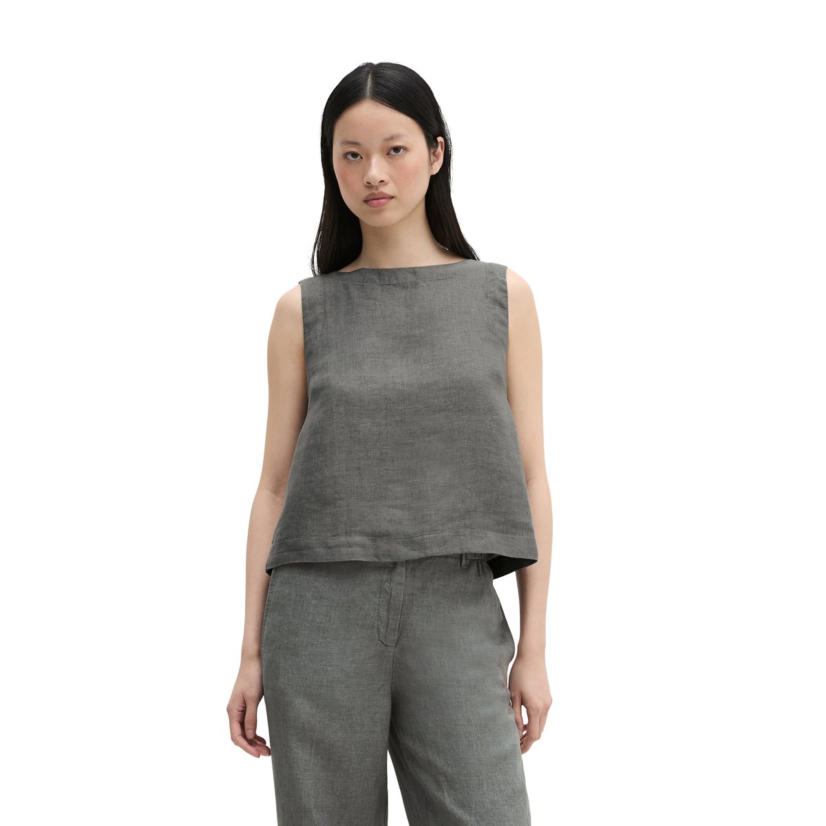 Blouse en lin sans manches regular avec des liens à nouer dans le dos gris, MARC O'POLO