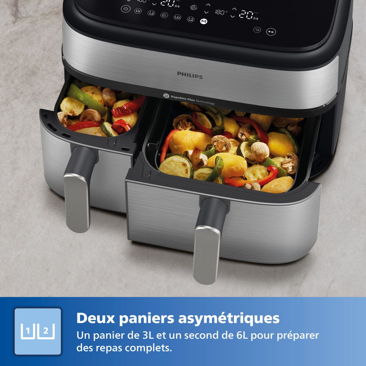 Airfryer NA555/00 friteuse sans huile double panier + vapeur Métal, Série 5000 9L (3+6L) couleur unique, PHILIPS