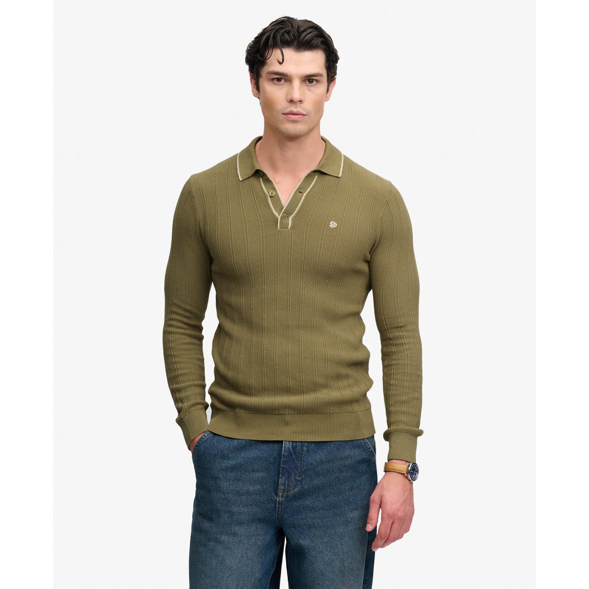 Polo Tricoté Manches Longues Coupe Décontractée vert artichaut, SUPERDRY