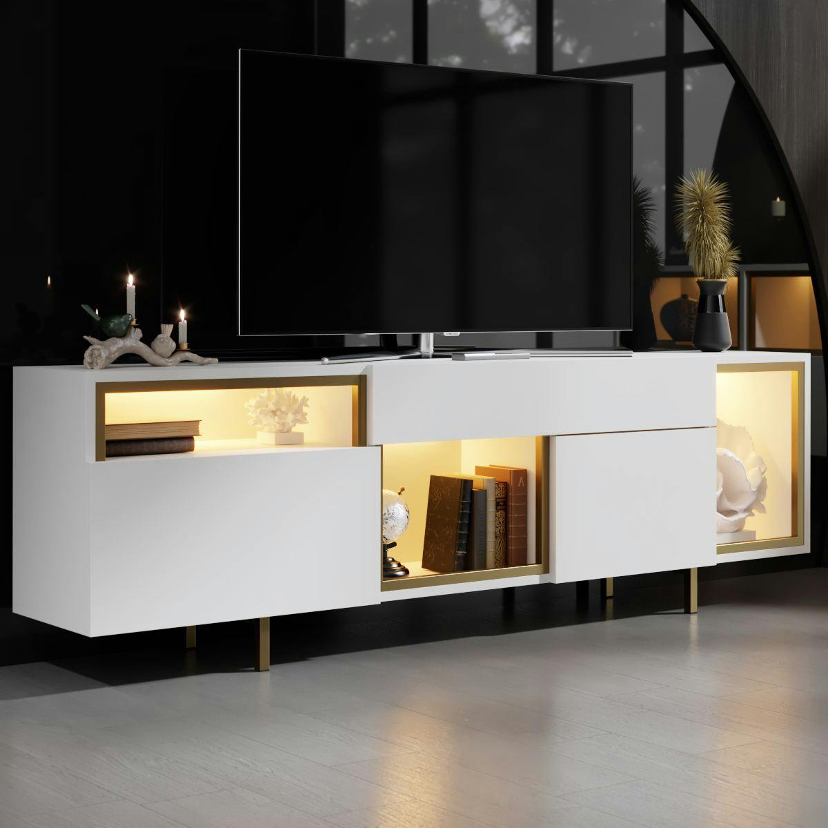 Meuble TV 2 portes, 3 niches éclairage LED AURA blanc, PIER IMPORT