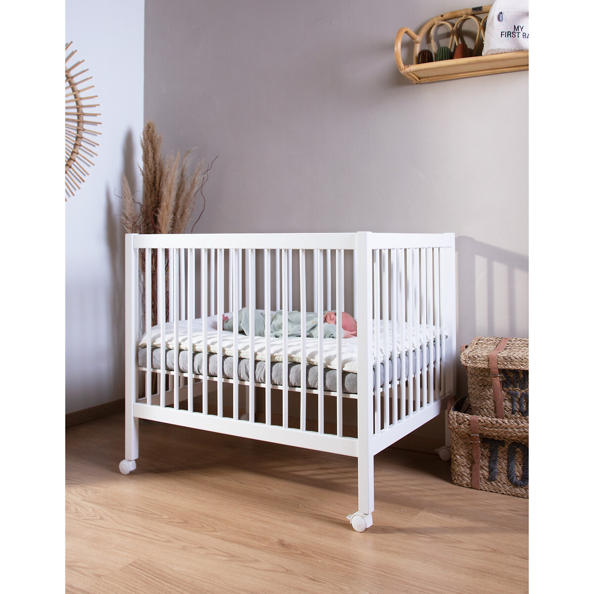 Parc 97 en bois hêtre 75 x 95 cm avec roues blanc, CHILDHOME