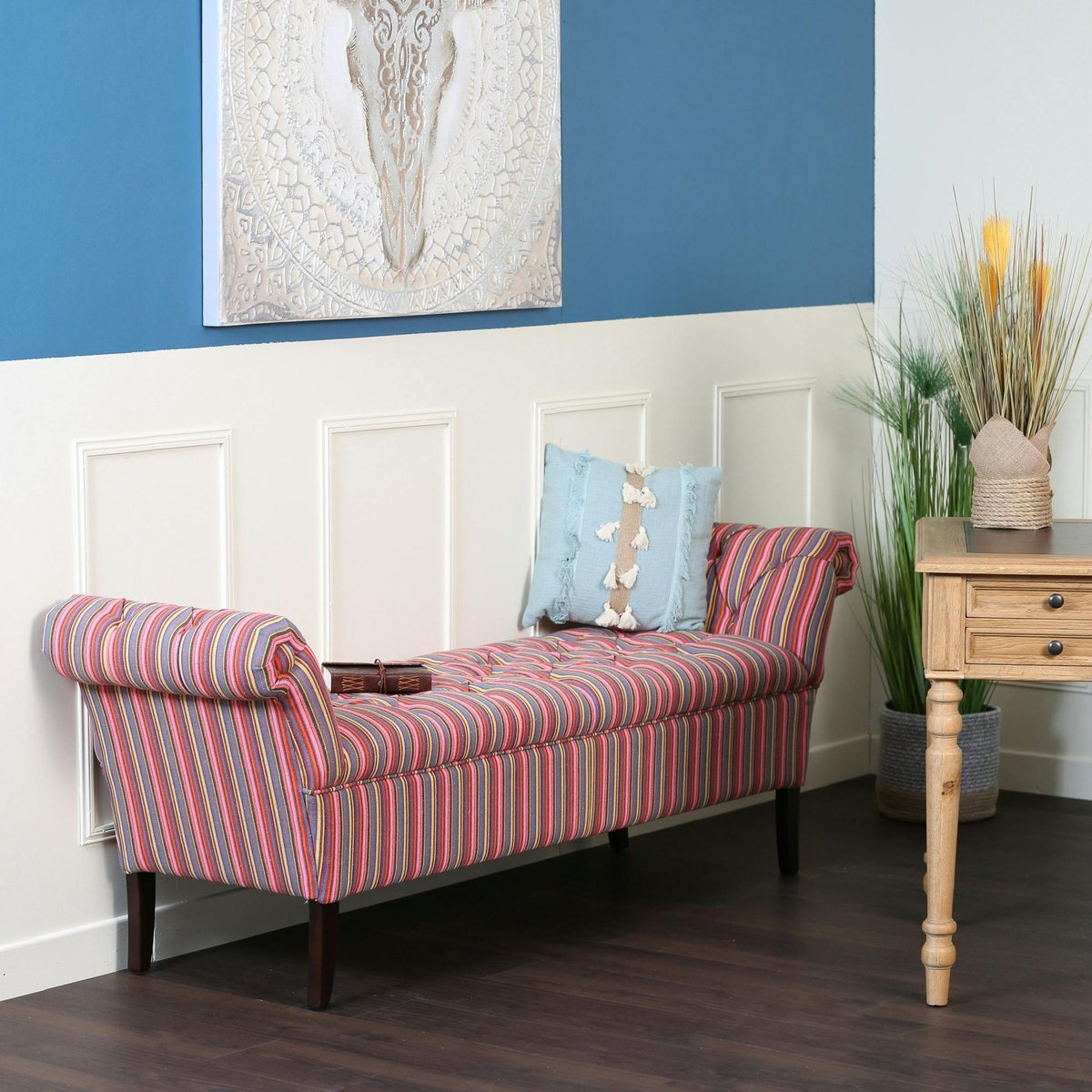Banc méridienne capitonnée rayures coton BUTTON rose, PIER IMPORT