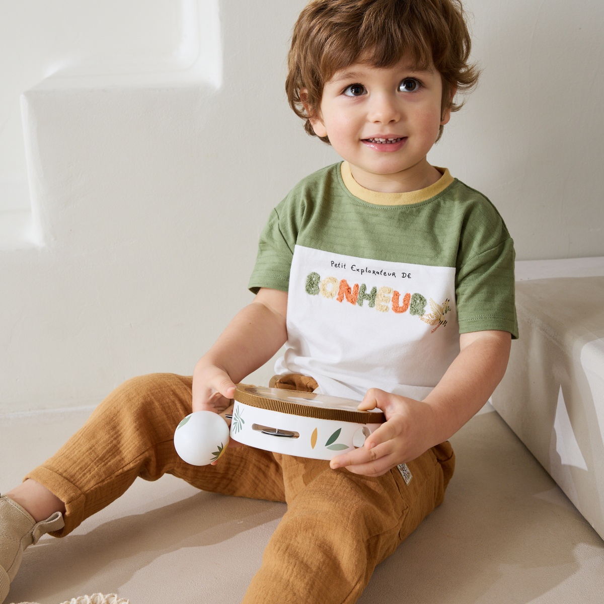 Ensemble enfant t-shirt et pantalon en gaze de coton Gabin camel, PETIT BEGUIN
