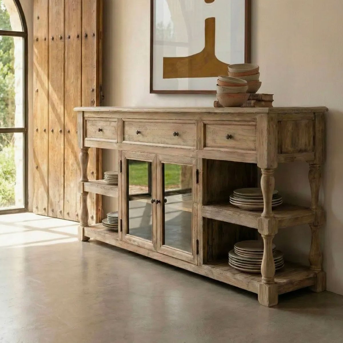 Bahut bois de pin 2 portes vitrées 180x45x88cm bois, WADIGA