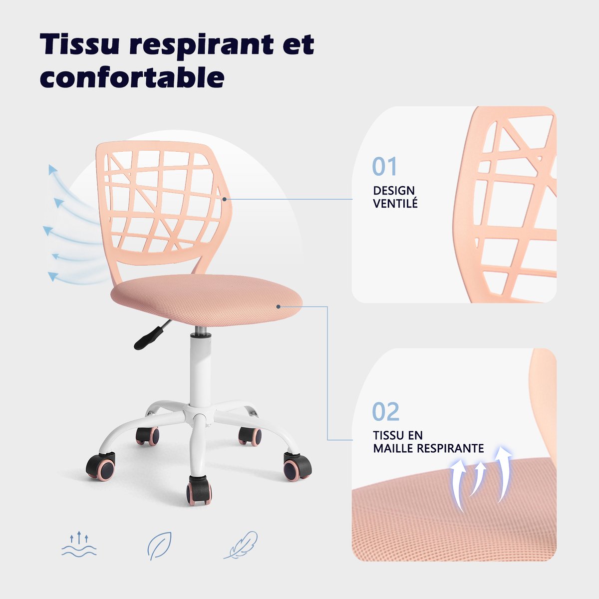 Chaise de bureau pivotante réglable en hauteur en maille, CARNATION PLICA rose blush, MEUBLES COSY