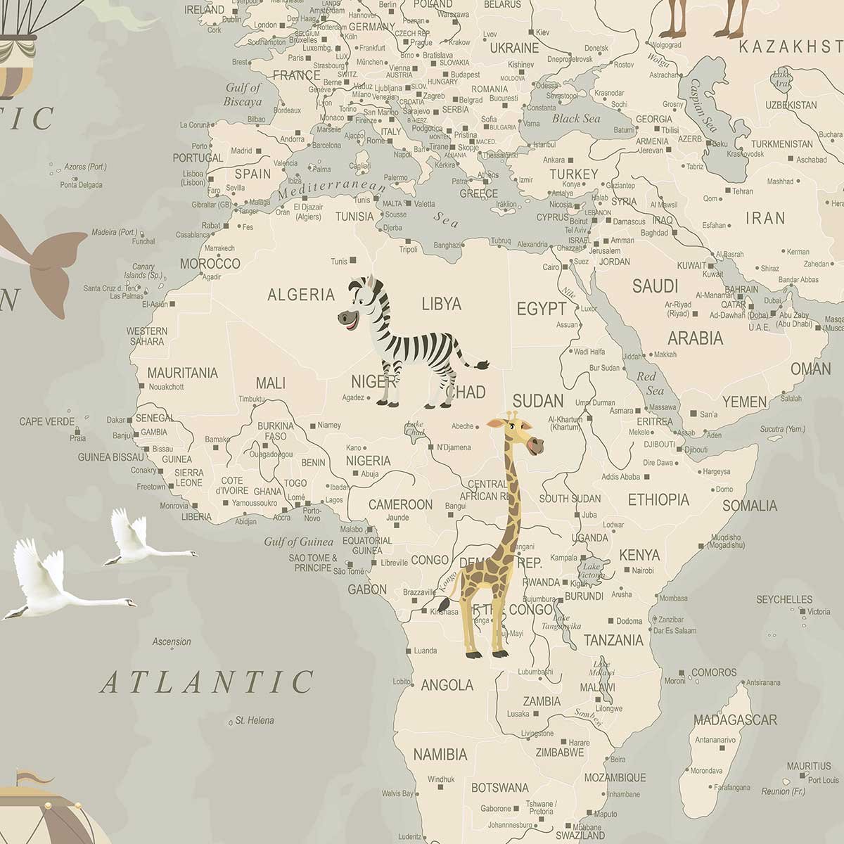 Tableau enfant carte du monde avions et montgolfières - 80x50 cm toile imprimée, HEXOA