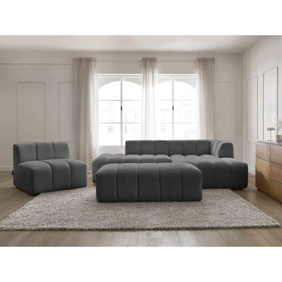 Canapé modulable 5 places en tissu bouclette, ANNECY gris foncé, BOBOCHIC