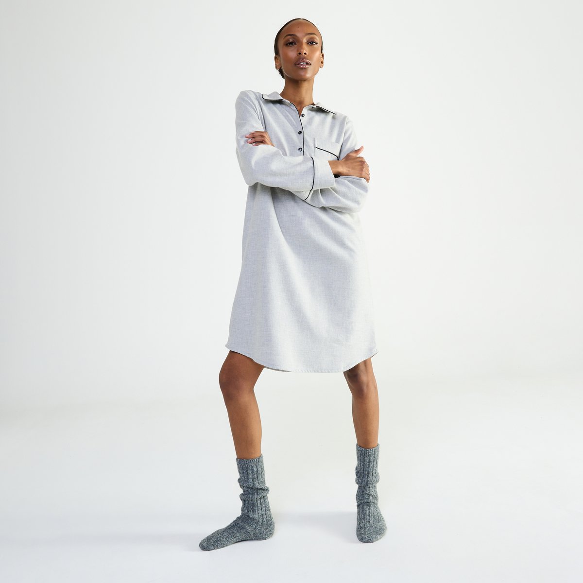 Chemise de nuit col classique en flanelle de coton RADIEUSE gris chine, LAURENCE TAVERNIER