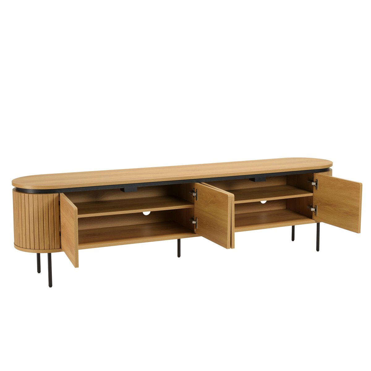 Meuble TV arrondi couleur naturelle 4 portes et pieds métal noir ELTON bois naturel, PIER IMPORT