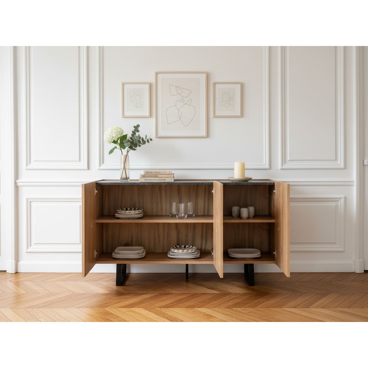 Buffet bas en panneaux de particules 3 portes 140 cm, OPERA marron clair, BOBOCHIC