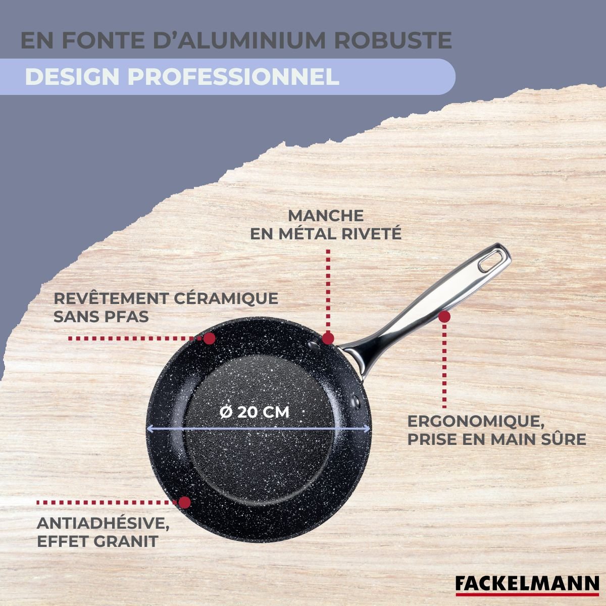 Poêle 20 cm fonte alu revêtement antiadhésif céramique sans PFAS gris,noir, FACKELMANN