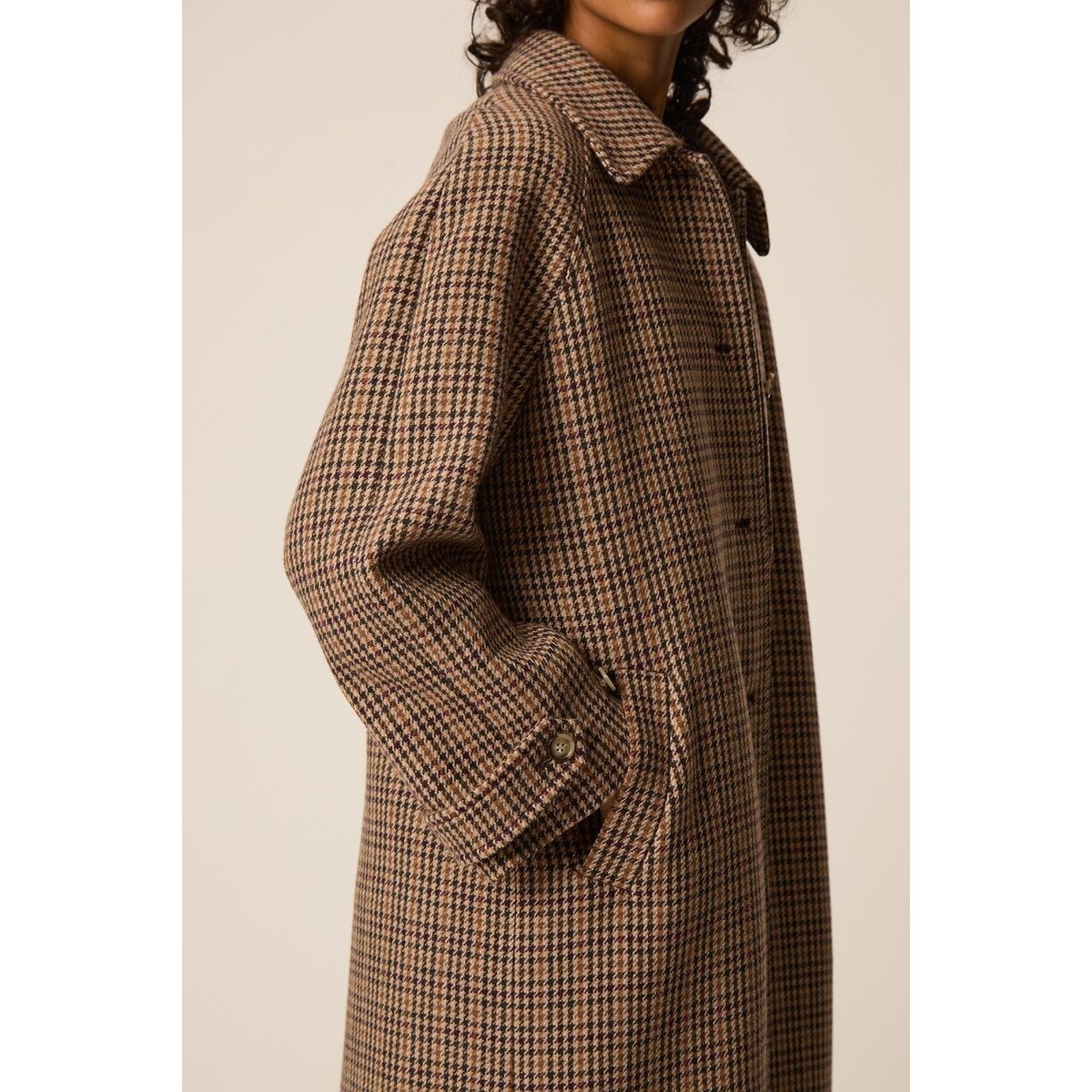 Yonique Checked Wool Blend Long Coat brown checks, DES PETITS HAUTS