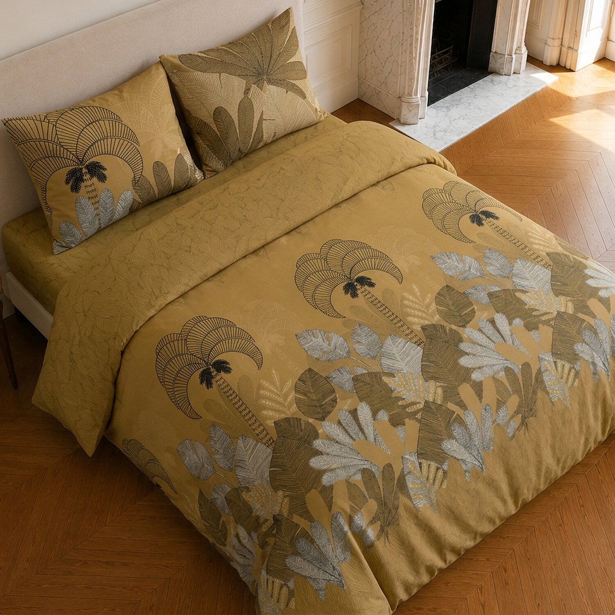 Parure de lit en microfibre motif tropical, THE PALM ocre, C DESIGN HOME TEXTILE
