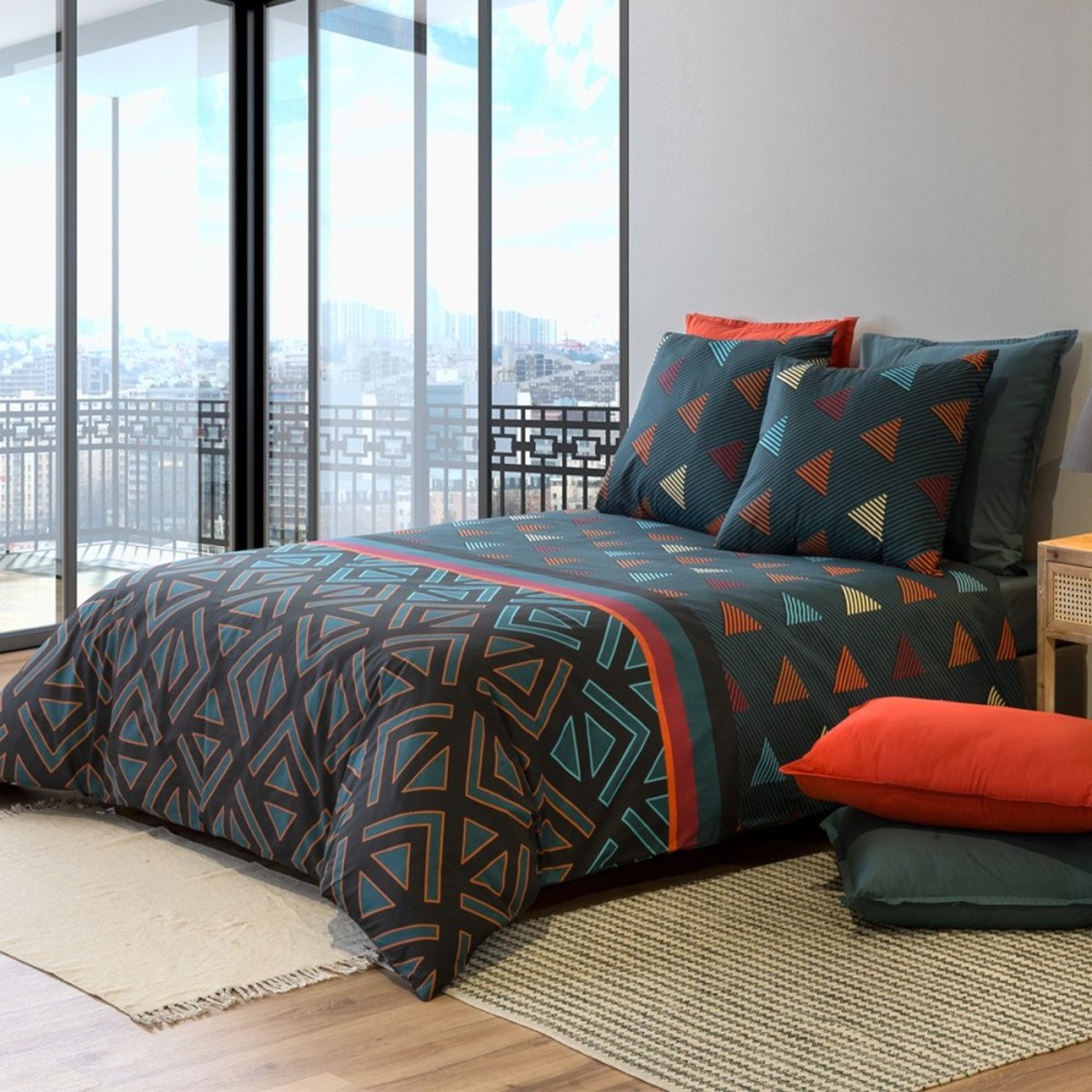 Housse de couette 100% coton 57 fils + 2 taies d’oreiller bleu, DECORATIE