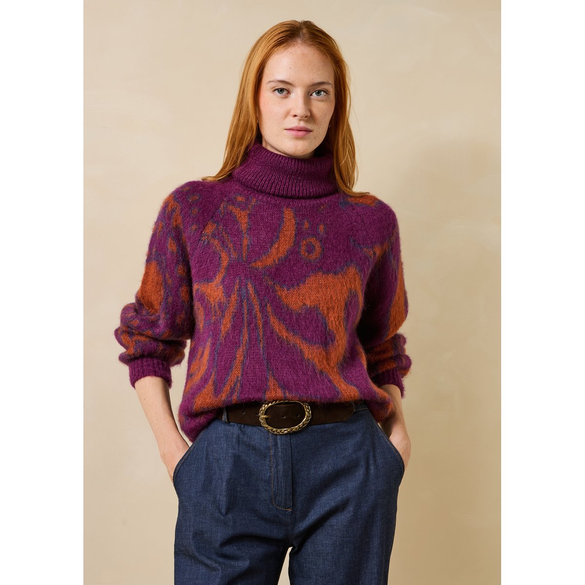Pull col roulé manches longues en jacquard viola/tandoori, LA FEE MARABOUTEE