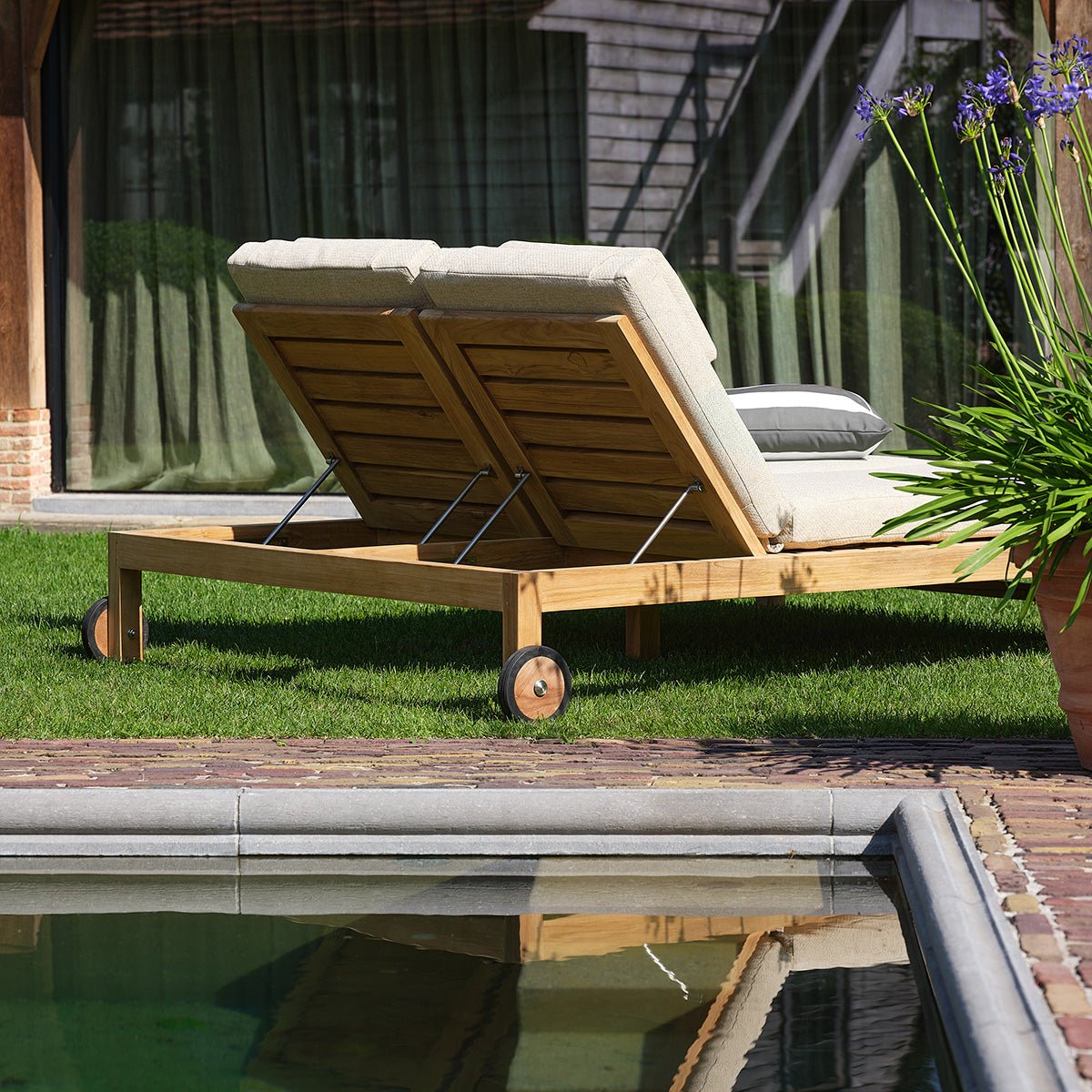 Bain de soleil double inclinable en teck massif avec coussins beige chiné PALOMBAGGIA beige_chine, BERAH GETAH