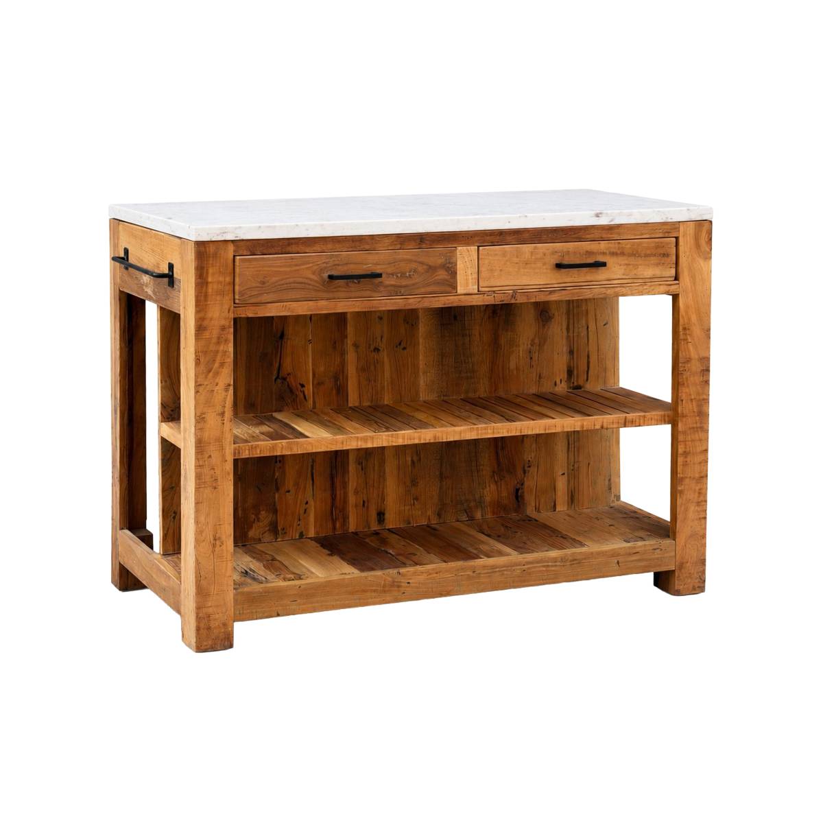 Ilot de cuisine en bois recyclé et marbre JEFFREY bois clair, MADE IN MEUBLES