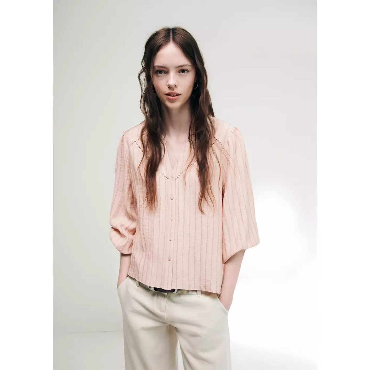 Blouse rayée avec détails ajourés rose pastel, MANGO TEEN