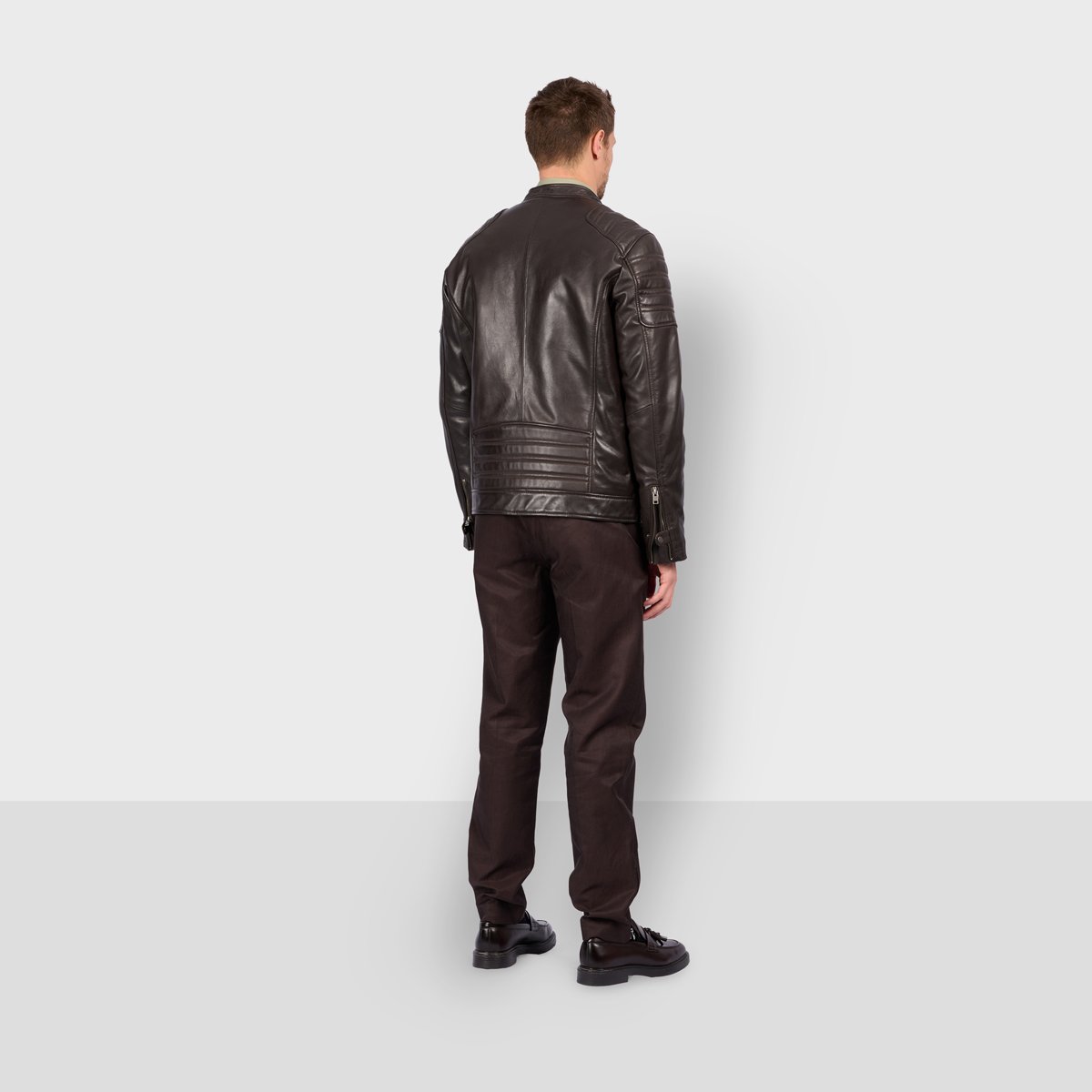 Veste en cuir zippé Col mao SHELBY marron, OAKWOOD
